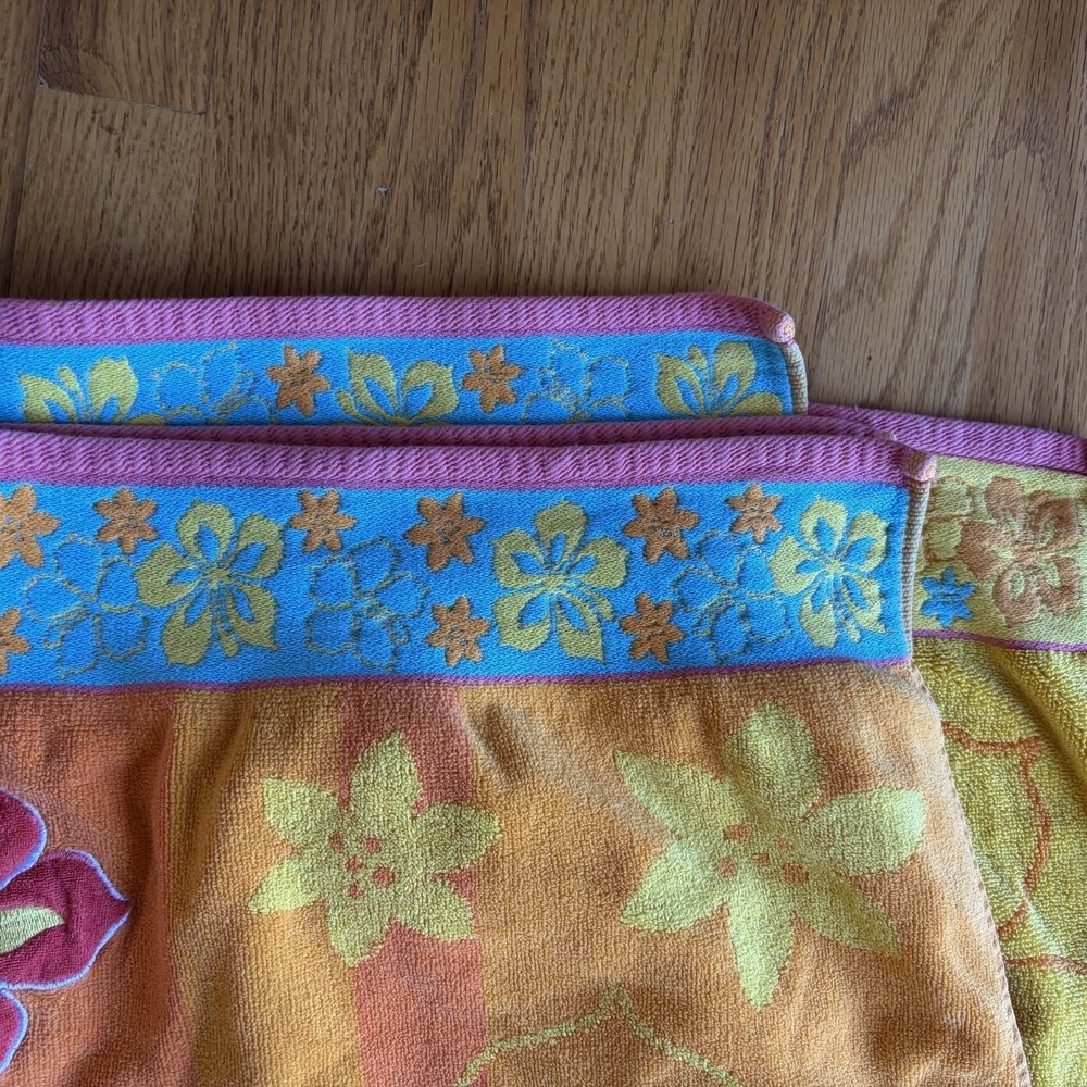 2 Vintage 90s Hibiscus Beach Towels Multicolor Embroider Appliqué Tropical‎ Boho - Picture 13 of 16
